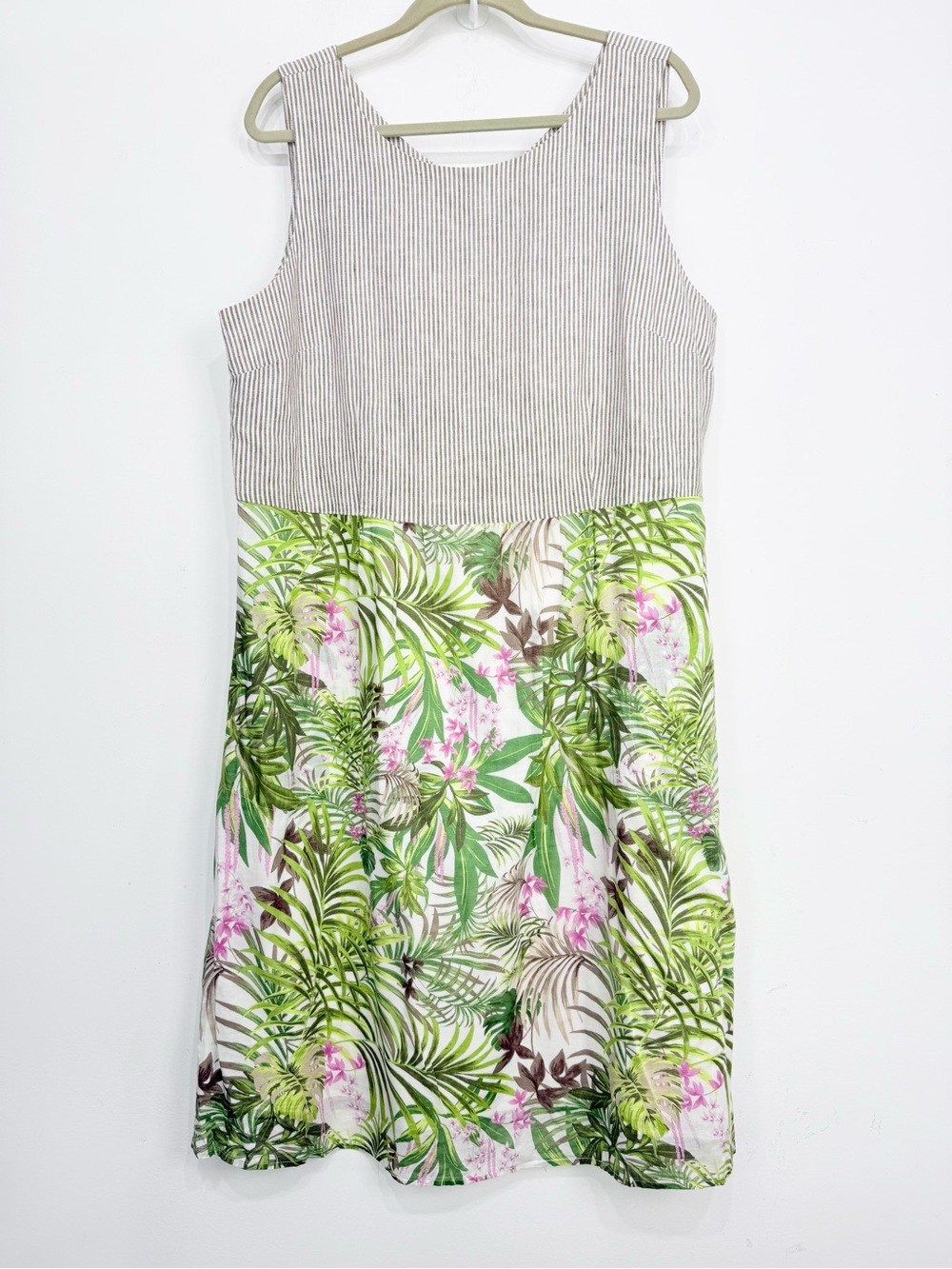 J Jill Linen Striped Bodice Tropical Print Cotton Skirt Midi Resort Summer Dress - Picture 4 of 15